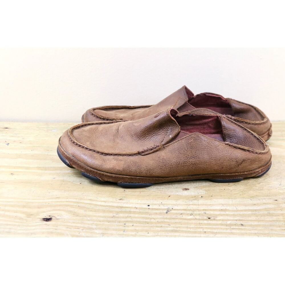Olukai Mens 11.5 Brown Distressed Leather Moloa Slipper Slip On Loafers Shoes